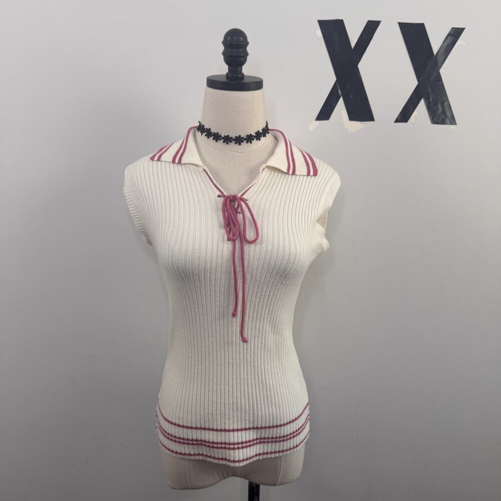 Vintage Y2K Ivory Pink Ribbed Sleeveless Collared Top Lace Up Indie M